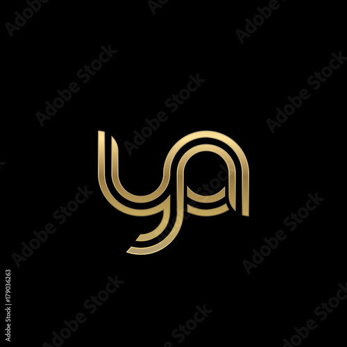 Initial lowercase letter ya, linked outline rounded logo, elegant golden color on black background