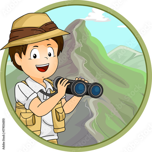 Icon Illustration of a Little Boy in Safari Gear Using a Pair of
