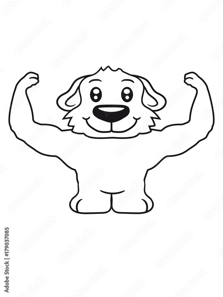 Obraz premium stark muskeln bodybuilder posen fitness trainieren bär klein kind warten gehorsam lustig hund welpe süß niedlich haustier comic cartoon