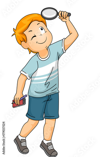 Kid Boy Magnifying Glass Look Up