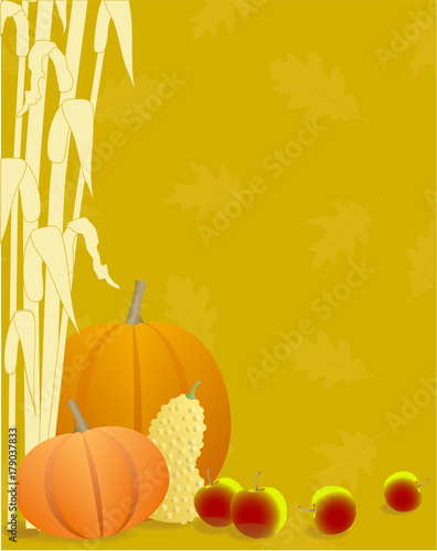 Autumn Season Pumpkins, Apples, Gourds and Cornstalks Background 