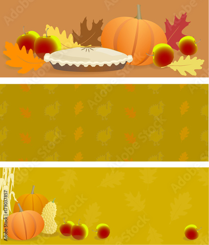 Autumn Banners with Seasonal Vegetables, Leaves, Apples, Pie, Turkey