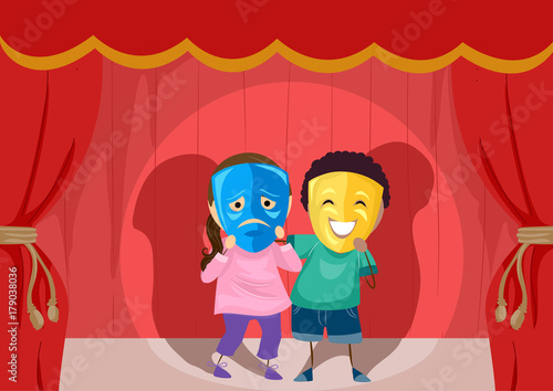 Stickman Kids Theater Sad Happy Mask Illustration