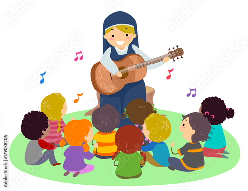 Stickman Kids Nun Guitar Sing Illustration