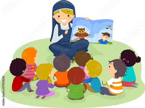 Stickman Kids Nun Read Story Illustration