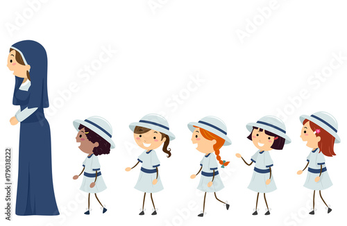 Stickman Kids Nun Uniform Line Girls Illustration