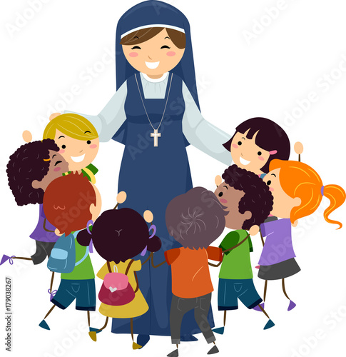 Stickman Kids Nun Hug Illustration
