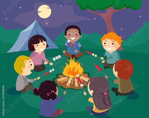 Stickman Kids Camp Bonfire Illustration
