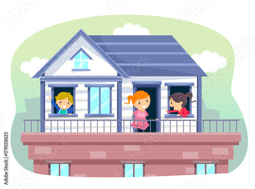 Stickman Kids Rooftop House Illustration