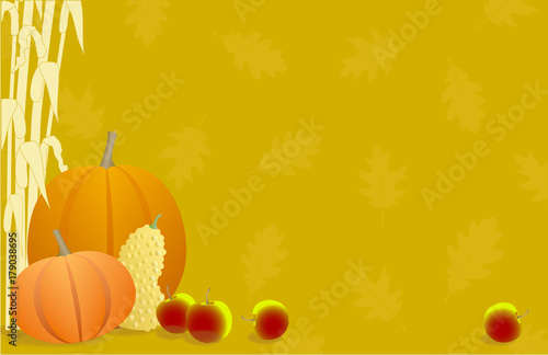 Autumn Pumpkins, Apples, Gourds and Cornstalks Background
