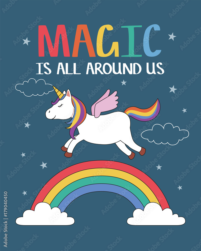 Unicorn flying over the rainbow. Magic is all around us