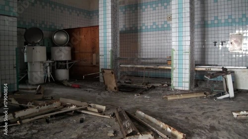 Canteen dining room in Pyramiden Spitsbergen Arctic. Russian neglected township. Canned place times of Soviet Union. Time stood still of North Pole.