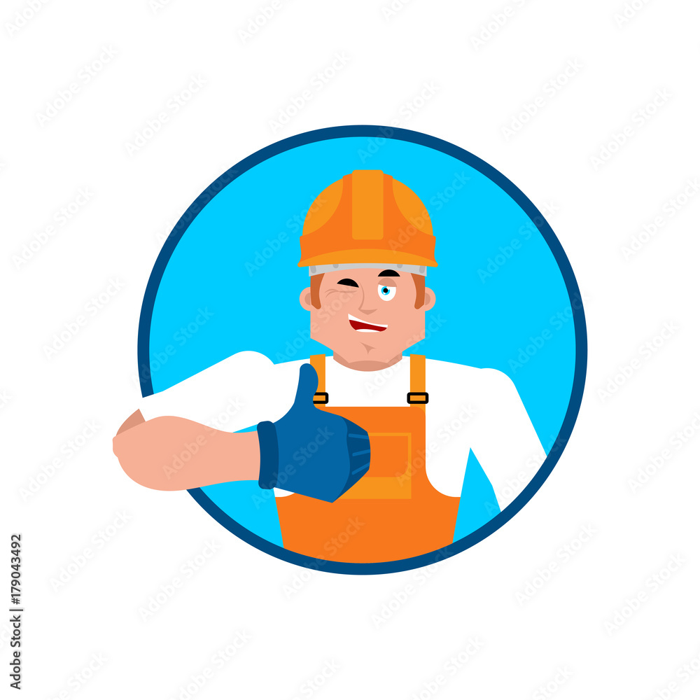 Builder thumbs up. Worker in protective helmet winks emoji. Service worker Serviceman cheerful. Vector illustration Builder thumbs up. Worker in protective helmet winks emoji. Service worker Serviceman cheerful. Vector illustration
