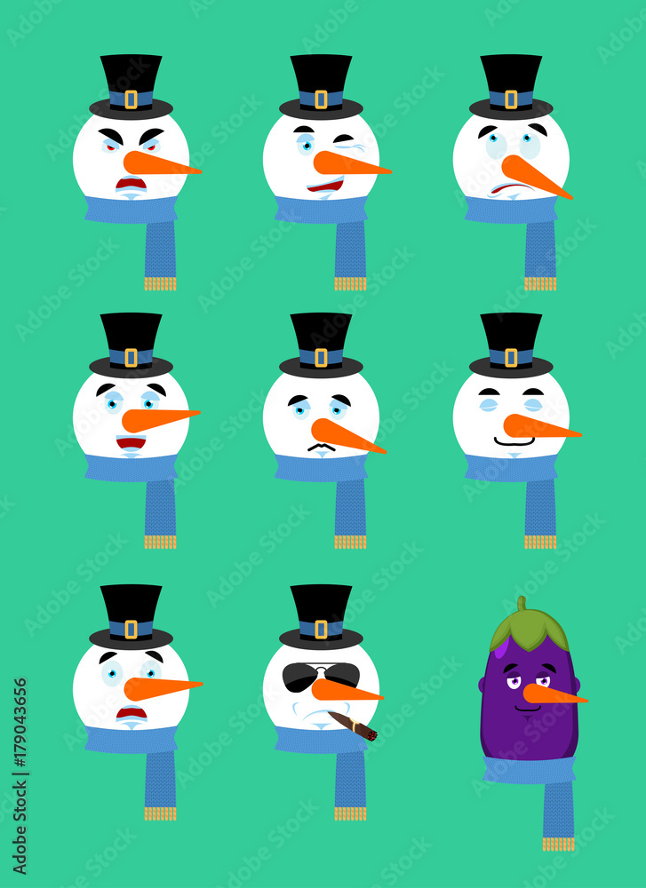 Snowman set emotion avatar. sad and angry face. guilty and sleeping avatar. sleeping emoji face. Eggplant New Year and Christmas vector illustration