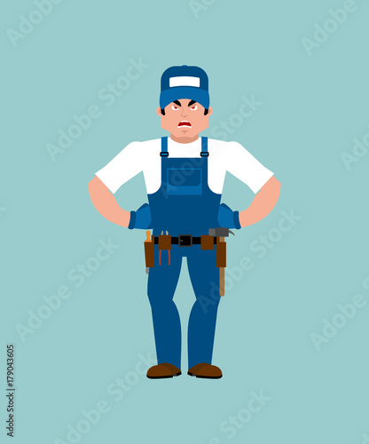 Plumber angry. Fitter evil. Service worker Serviceman aggressive. Vector illustration