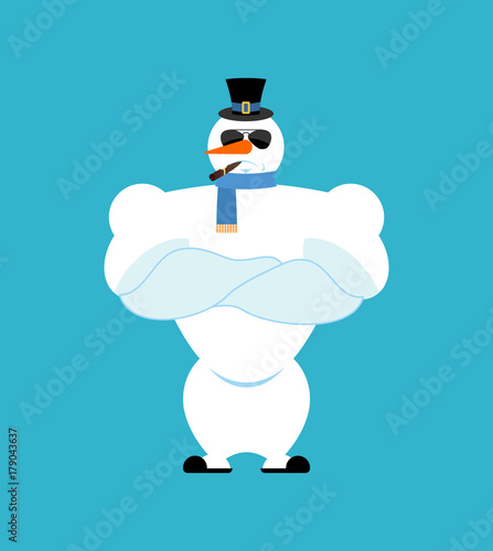 Snowman strong. Snowman Serious Powerful. hard sport New Year and Christmas vector illustration