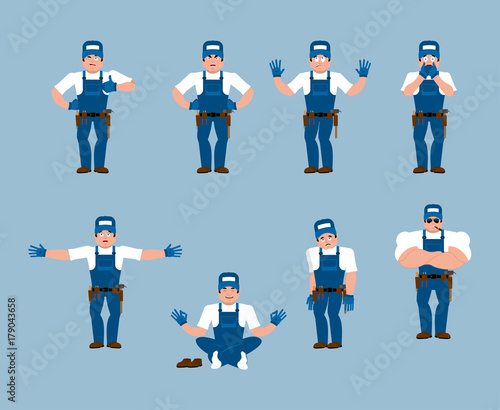 Plumber set poses and motion. Fitter happy and yoga. Serviceman sleeping and angry. Service worker guilty and sad. Vector illustration