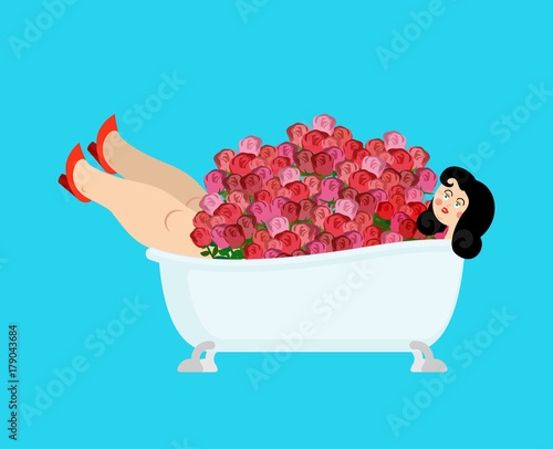 Beautiful girl in bath and roses. Vector illustration