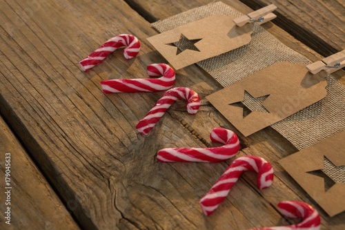 High angle view of star shape decoration with burlap and