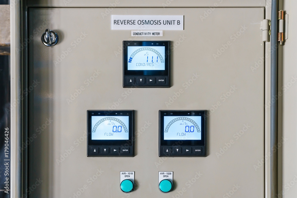 Poster Technical display on control panel with electrical equipment ...