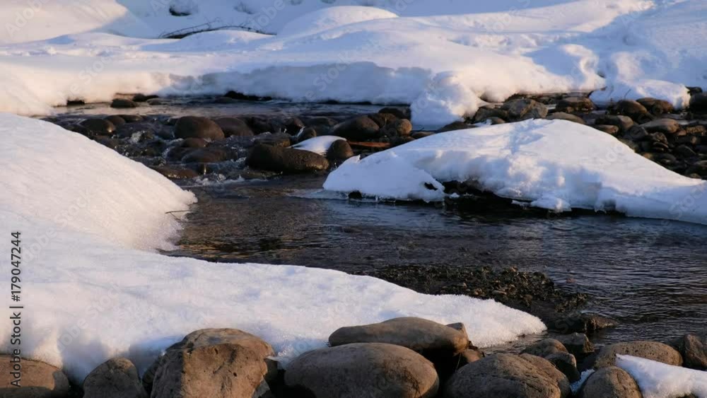 Altai river Barangol with banks covered by ice and snow in winter season Altai river Barangol with banks covered by ice and snow in winter season