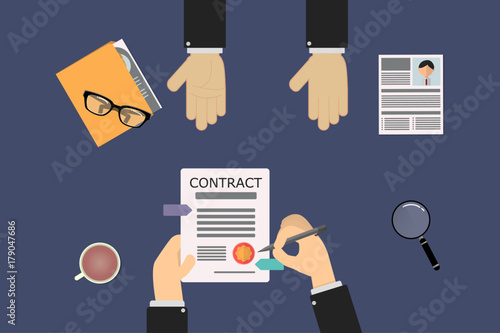 employee contract about to sign in the human resources recruiter office. on the table there is a folder with resumes and magnifying glass. the boss waits for the decision of the prospector.