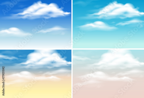 Four background scenes with clouds in blue sky