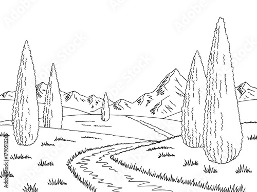 Mountain road graphic cypress black white landscape sketch illustration vector