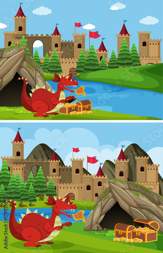 Two scenes with red dragon guarding treasure