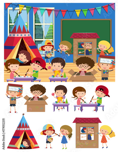 Kids playing and learning in classroom