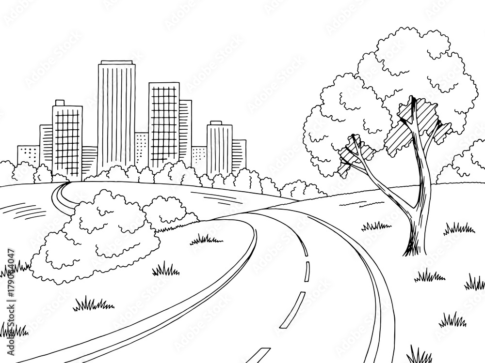 Road city graphic black white city landscape sketch illustration vector