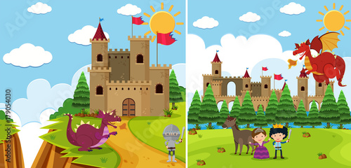 Two background scenes with dragon and knight