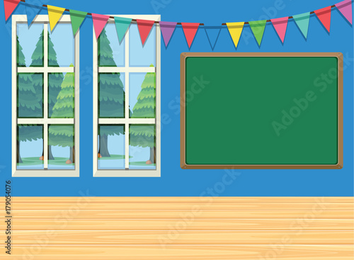 Room with board and flags