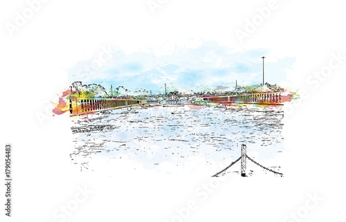 Watercolor sketch with splash of Rishikesh Uttarakhand, India in vector illustration.