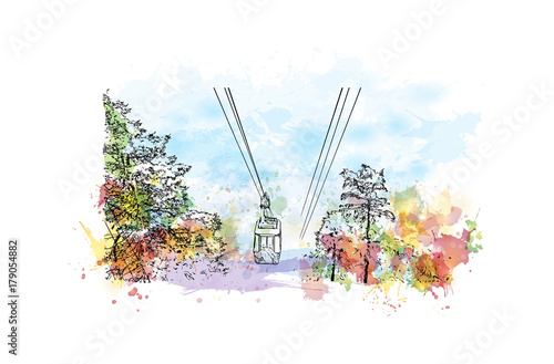 Watercolor sketch with splash of Mussoorie Ropeway Uttarakhand India in vector illustration. 