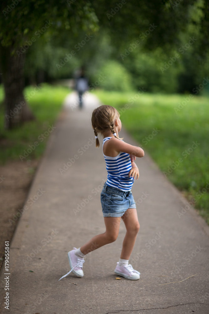 happy kid girl running playing the street, happy kid girl running playing the street,