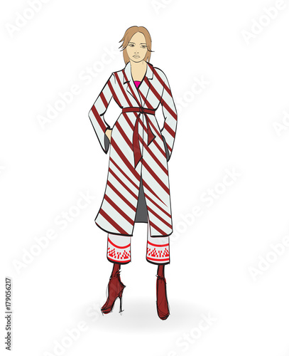 Autumn-winter 2018. Lovely girl in warm clothes, on white background. Vector illustration.