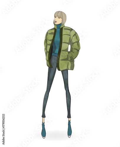 Autumn-winter 2018. Lovely girl in a jacket, on a white background. Vector illustration.