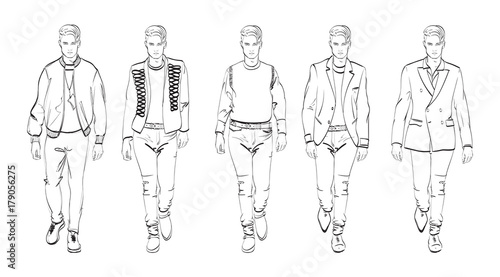 Fashion man. Set of fashionable men's sketches on a white background. Autumn men.