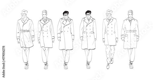 Fashion man. Set of fashionable men's sketches on a white background. Autumn men.