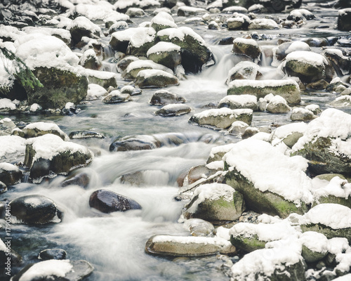 Winter Long Exposure River Water Flowing in Snow Covered Rocks