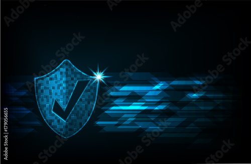 Cyber security concept: Shield With check mark icon on digital data background. Ransomware alert, technology ,cyber secueity,cybercrime.