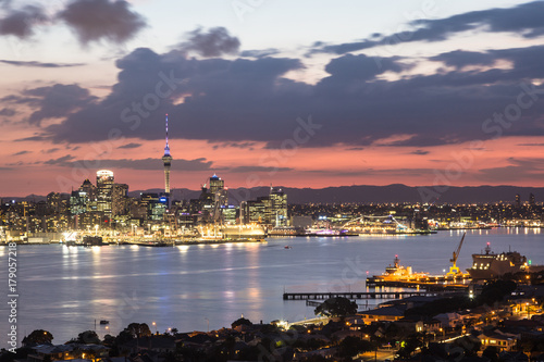 Stunning sunset over Auckland in New Zealand photo