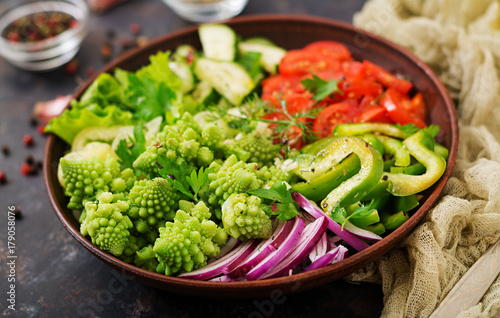 Vegan salad of fresh vegetables and cabbage romanesko. Dietary menu. Proper nutrition photo