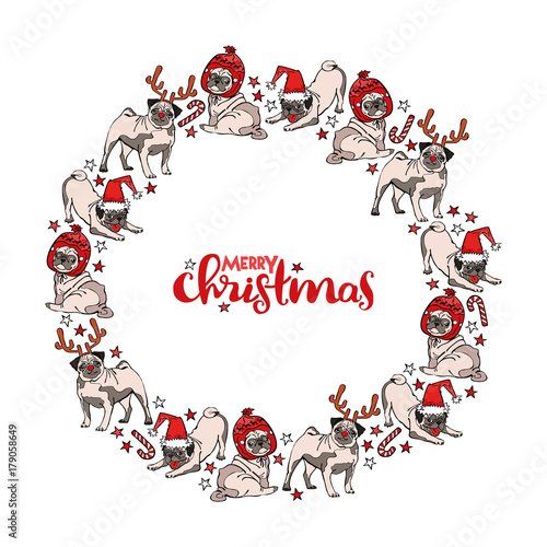 Merry Christmas. Pug dogs. Frame - wreath. Isolated vector objects on white background.