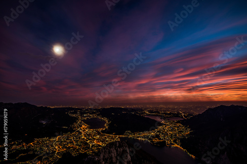 panoramic view to Lecco city by night from above - Lake Como district Lombardy Italy