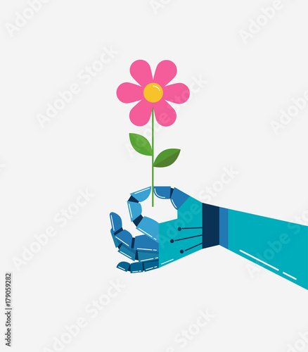 Robotic hand with a flower, vector background 