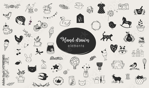 Simple illustrations, vector hand drawn elements, doodles