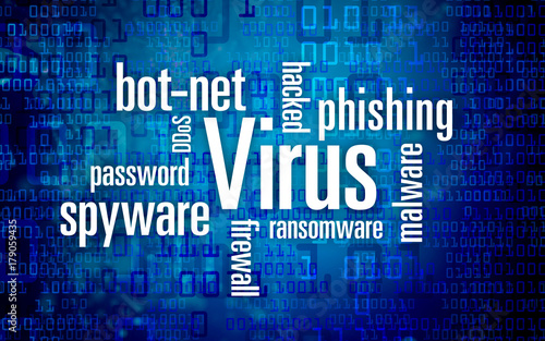 malware word cloud Virus - hacked Computer blue background virus alert - hacker photo