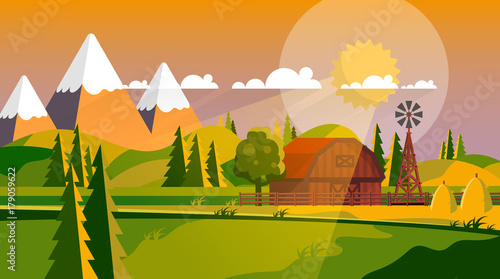 Colorful Flat Design of Agricultural Rural Landscape, Vector Illustration.